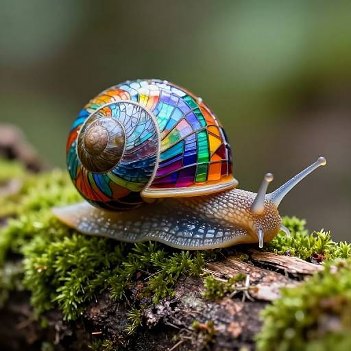 Photograph of a vibrant, multicolored snail with a stained-glass-like shell, crawling on green moss-covered bark in a blurred forest background