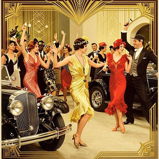 Vintage photograph of dancing flappers in red and yellow dresses, black tuxedos, and Art Deco hairstyles, celebrating with raised arms in front
