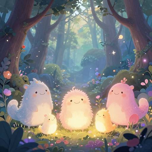 Whimsical forest illustration with four glowing, fluffy, pastel-colored creatures with smiling faces, surrounded by vibrant flowers and twinkling lights, under a