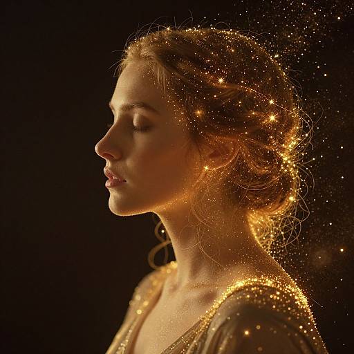 Photograph of a serene, light-skinned woman with closed eyes, glowing golden sparkles in her hair and on her shoulders, against a black background