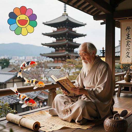 Wise Old Man Reading on Balcony in Kyoto