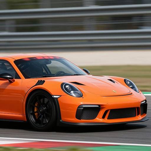 Photograph of a bright orange Porsche 911 GT3, speeding on a racetrack with blurred background and colorful track markings.