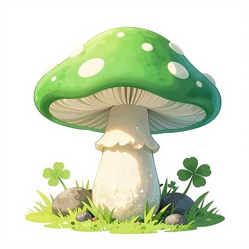 Digital illustration of a large green mushroom with white spots, white gills, and a white stem, surrounded by grass, rocks, and clovers.
