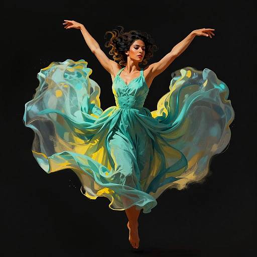 Dynamic Dance of a Teal-Clad Woman