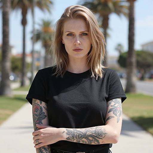 Photograph of a tattooed, fair-skinned woman with blonde hair, wearing a black t-shirt, standing outdoors with palm trees in the background.
