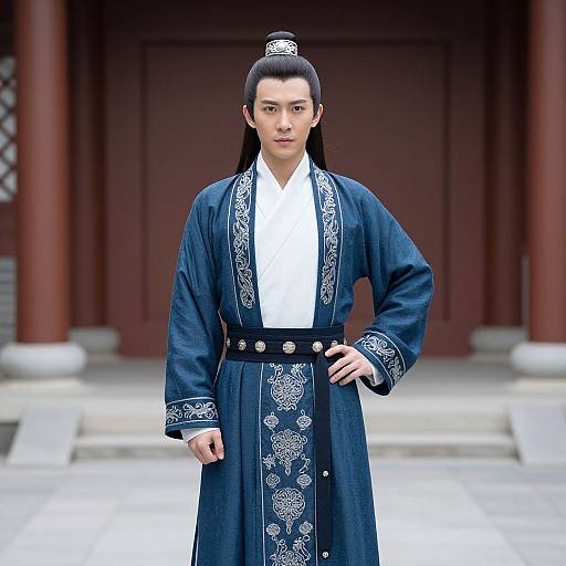 Photograph of an East Asian man with long black hair in a traditional blue Korean hanbok, standing confidently in front of a traditional red building.