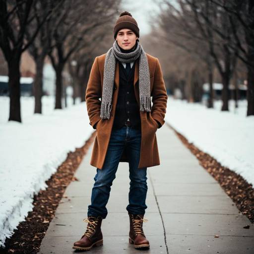 Young Man Standing on Snowy Path in Winter Coat