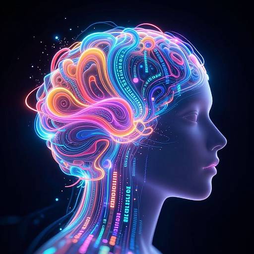 Digital neon artwork of a woman's profile with vibrant, glowing, swirling patterns in her hair and neck against a black background.