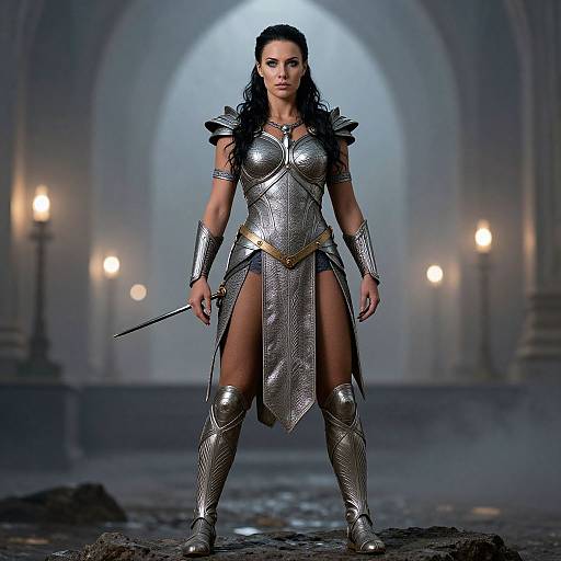 Photograph of a muscular, dark-haired woman in silver medieval armor with a high thigh slit, holding a sword, standing in a foggy, dim
