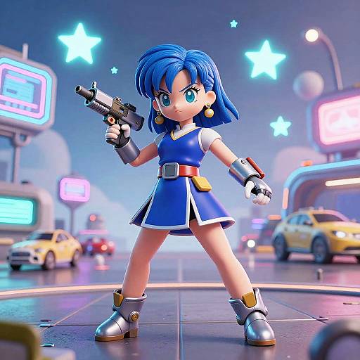 CGI anime-style girl with blue hair, holding a gun, wearing a blue dress, white gloves, and boots, stands confidently on a neon-l