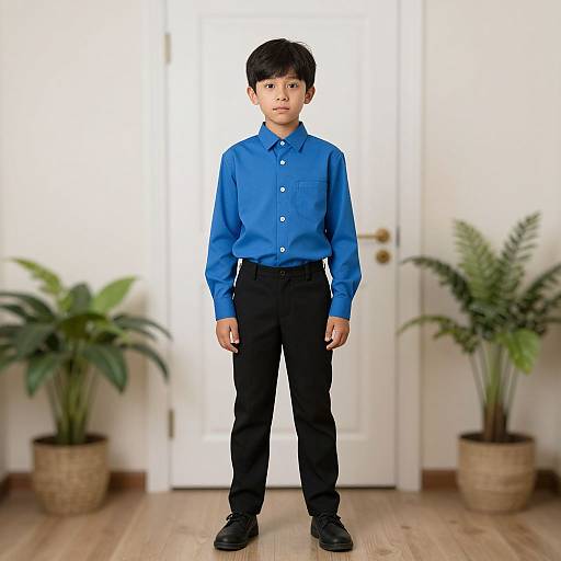 Photograph of a young boy with short black hair, wearing a blue long-sleeve shirt, black pants, and black shoes, standing in a
