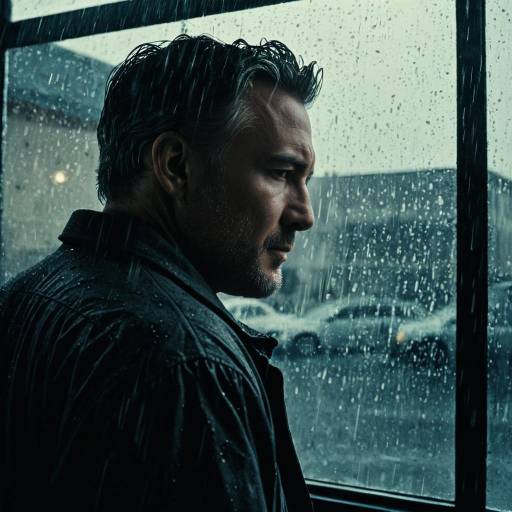 Dramatic Profile of Man in Rain-Streaked Window