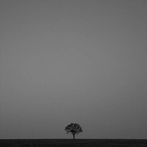 Photograph of a solitary, leafless tree centered against a vast, overcast gray sky and dark, flat landscape. Minimalistic, serene, and