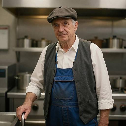 Elderly Cook in Warm Stainless Kitchen