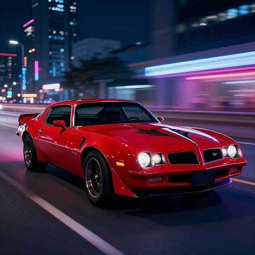 Photograph of a vibrant red, high-performance muscle car with bright headlights speeding through a neon-lit, urban night cityscape.