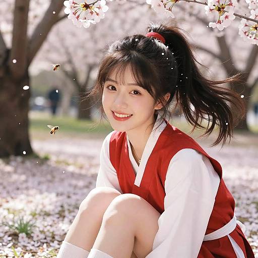 Photograph of a smiling young Asian woman with black hair in a ponytail, wearing a red and white traditional Japanese outfit, sitting under cherry blossoms