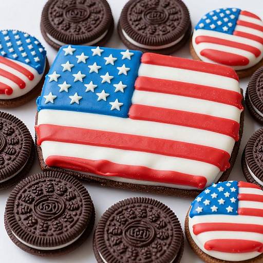 Photograph of Oreo cookies decorated with American flag icing, surrounded by Oreo cookies with the iconic chocolate design. Bright red, white, and blue