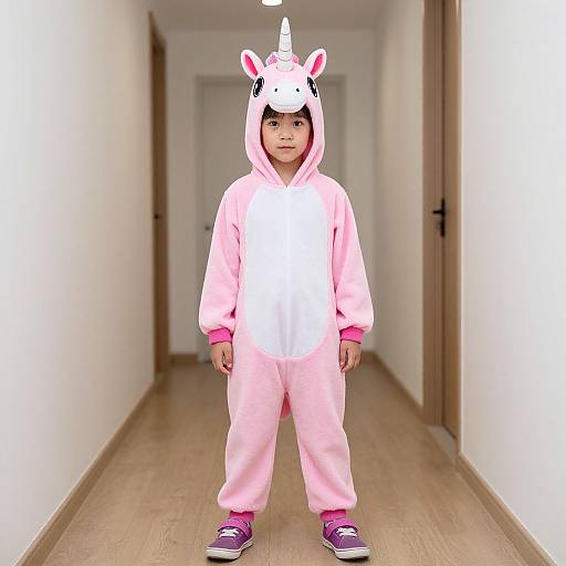 Photograph of a young boy standing in a hallway, wearing a pink unicorn costume with hood and horn, white front, purple sneakers.