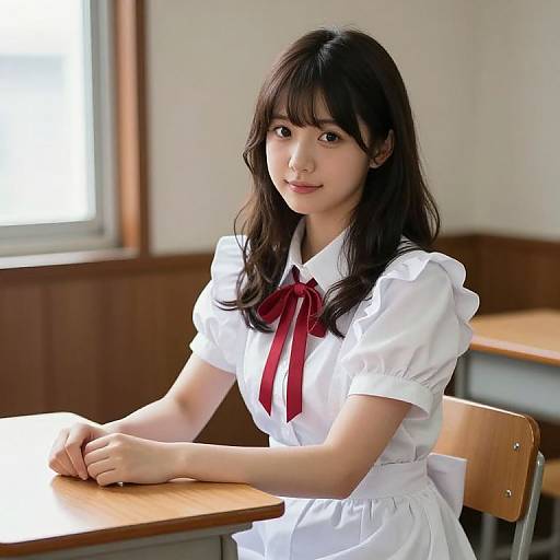 Photograph of a young Asian woman with long black hair, wearing a white school uniform with a red bow, sitting at a wooden desk in a bright