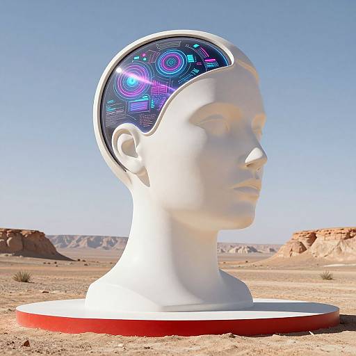 Photograph of a white, futuristic, headless statue with a neon-lit, circuitry-patterned head in a desert landscape under clear blue sky