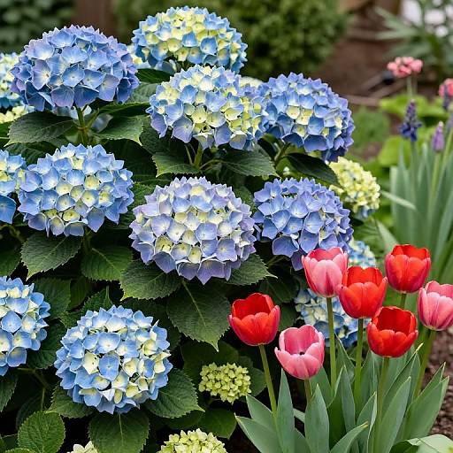 Photograph of vibrant blue hydrangea clusters, yellow accents, and red and pink tulips in a lush garden with green foliage.