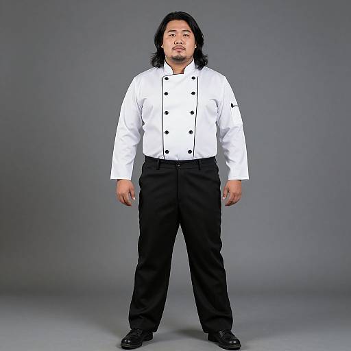Photograph of an Asian male chef with long black hair, wearing a white double-breasted chef coat, black pants, and black shoes, standing against