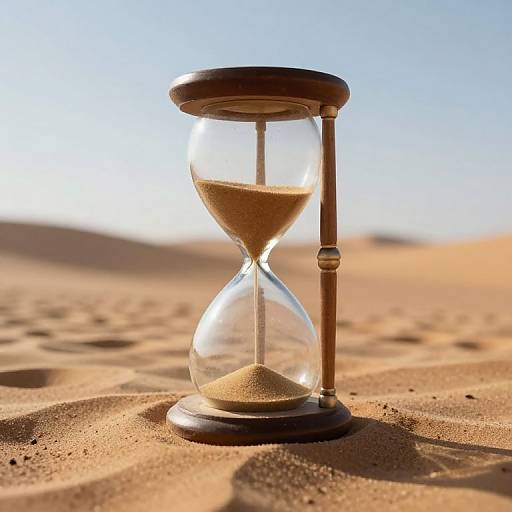 Photograph of a wooden hourglass on sandy desert ground, with golden sand flowing, under bright blue sky, casting shadows.