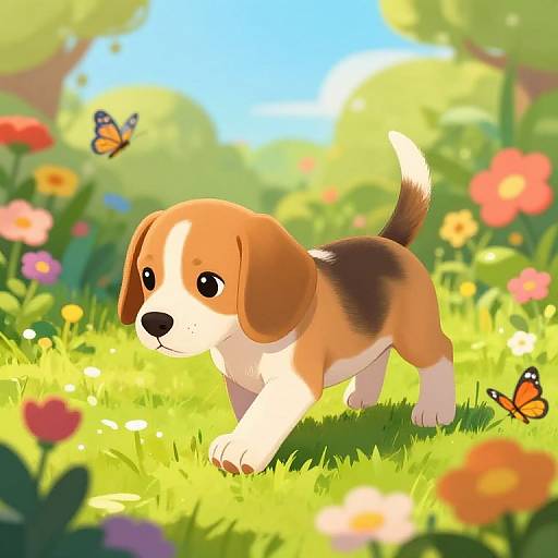 Adorable Beagle puppy with floppy ears and a white, brown, and black coat, walks through a vibrant, sunlit garden with colorful flowers and