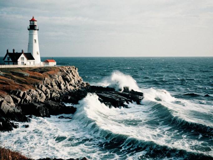 Scenic Fall Lighthouse on Rocky Shore