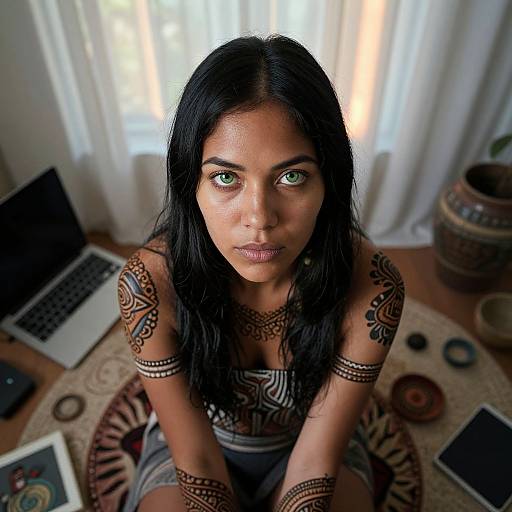 Photograph of a young woman with long black hair, green eyes, and intricate tribal arm and shoulder tattoos, sitting in a brightly lit room with a