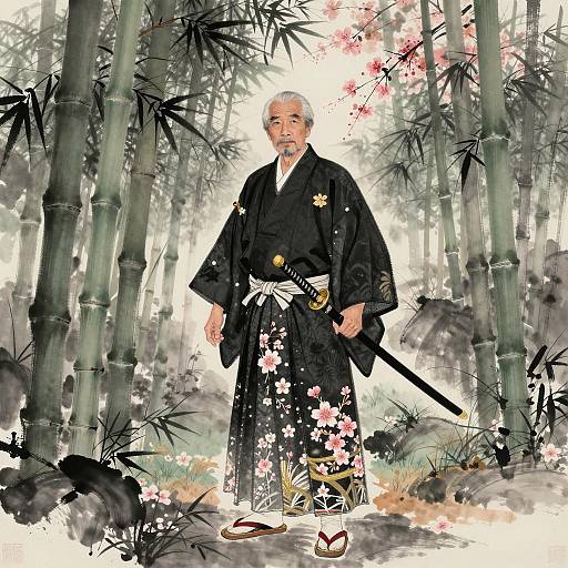 Elderly Samurai in Bamboo Forest at Dawn