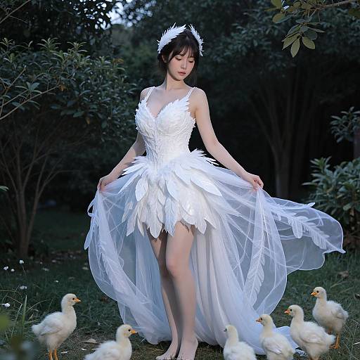 Photograph of an Asian woman in a white feathered and tulle dress, surrounded by ducklings, standing in a forest at dusk.