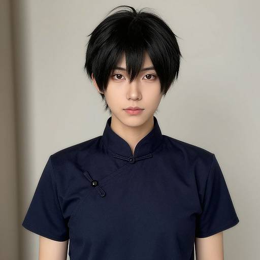 Digital portrait of an Asian male with black, tousled hair, wearing a black, high-collar cheongsam, standing against a plain white background.