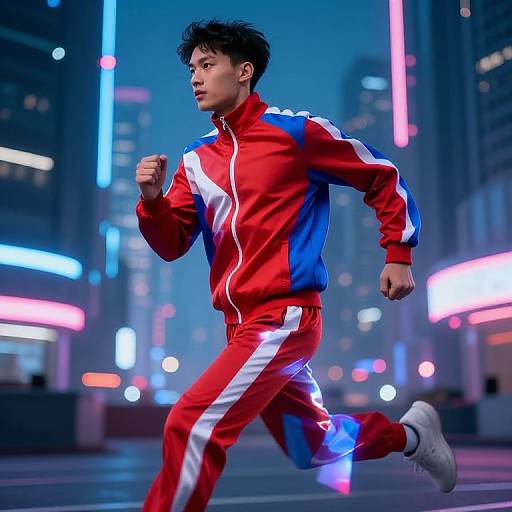 Photorealistic digital art of an Asian man with spiky black hair, running in a neon-lit city street at night, wearing a red,
