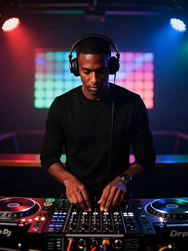 Nightclub DJ Behind Neon LED Booth