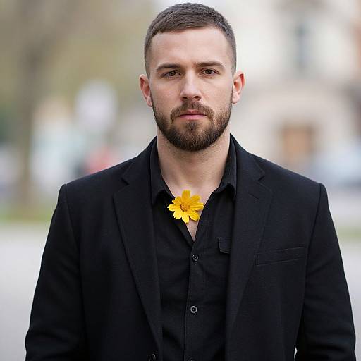 Photograph of a bearded man with short brown hair, wearing a black suit and shirt, with a yellow flower tucked between his collarbones, set