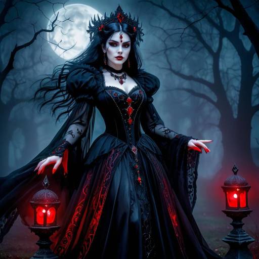 Gothic Dark Sorceress in Misty Graveyard