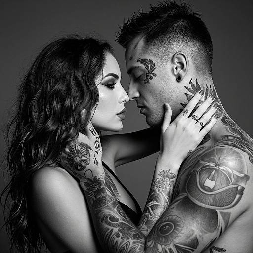 Black-and-white photograph of a tattooed couple, woman with long wavy hair, man with short spiky hair, intimately touching foreheads, showcasing