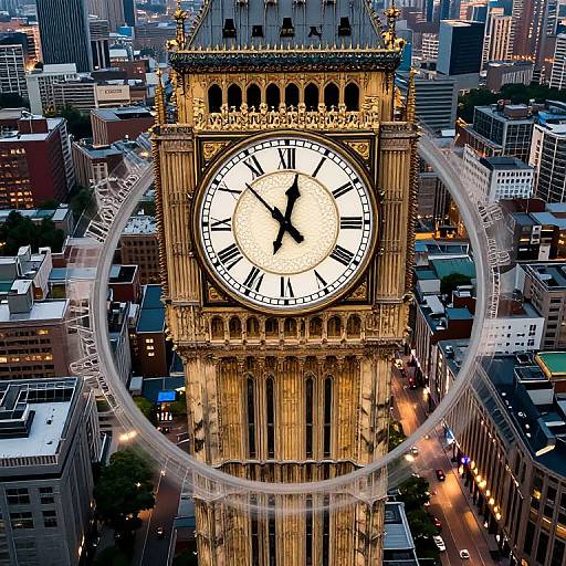 Photograph of a cityscape featuring a brightly lit, ornate clock tower with a large circular clock, surrounded by tall buildings, with a circular light