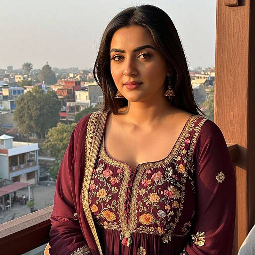 Photograph of a young South Asian woman with long black hair, wearing an ornate maroon traditional dress with gold and floral embroidery, standing on a