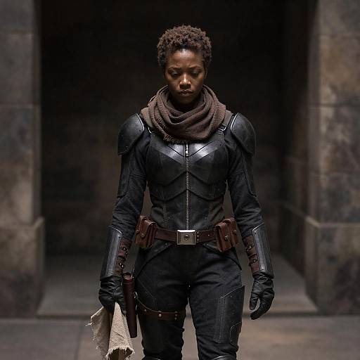 Somber Warrior in a Shadowy Corridor