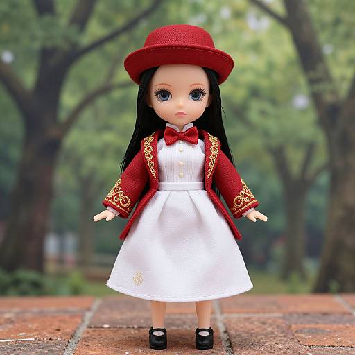 Photograph of a doll with large blue eyes, long black hair, red hat, red embroidered jacket, white dress, and black shoes, standing on