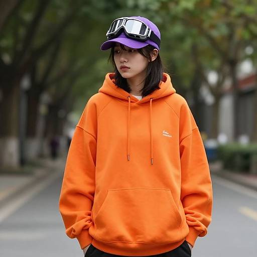 Woman in Orange Hoodie with Goggles