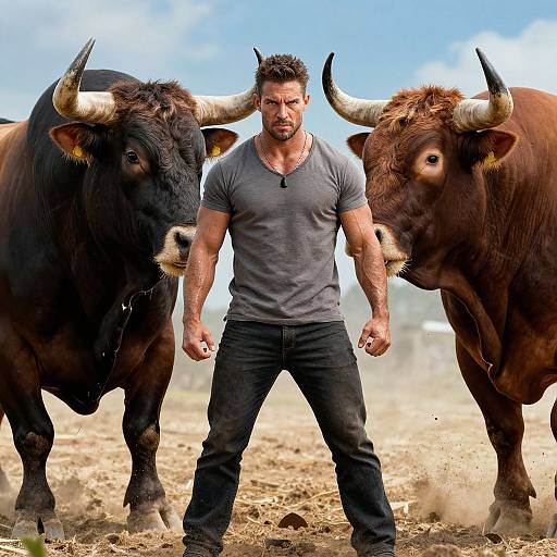 Photograph of a muscular, bearded man in a gray shirt and black pants, standing between two large, brown bulls with prominent horns in a dusty