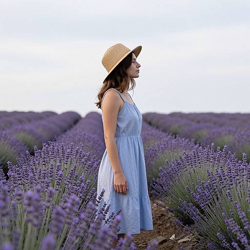 Woman in light blue dress and straw hat stands in lavender field, looking to the right, surrounded by vibrant purple lavender rows. Photorealistic photograph.