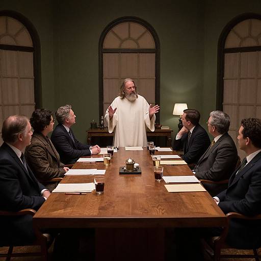 Photograph of a bearded, white-robed cleric speaking to six suited men in a dimly lit, formal conference room.
