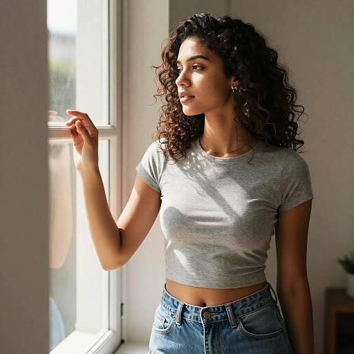 Photograph of a curly-haired woman in a gray crop top and blue jeans, standing by a sunlit window, gazing outside.