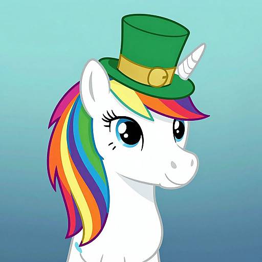 Digital drawing of a white unicorn with a rainbow mane and large blue eyes, wearing a green top hat with a yellow band, set against a gradient blue