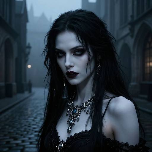 Digital artwork of a pale, gothic woman with long black hair, dark lipstick, and elaborate necklace, standing in a misty, cobblestone