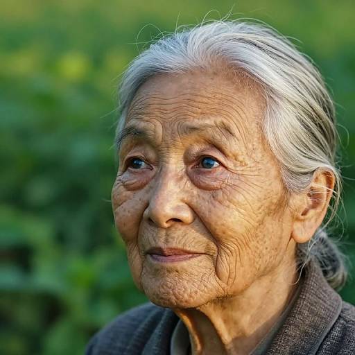 Photograph of an elderly Asian woman with silver hair, wrinkled skin, and warm smile, wearing a dark brown jacket, against a blurred green background